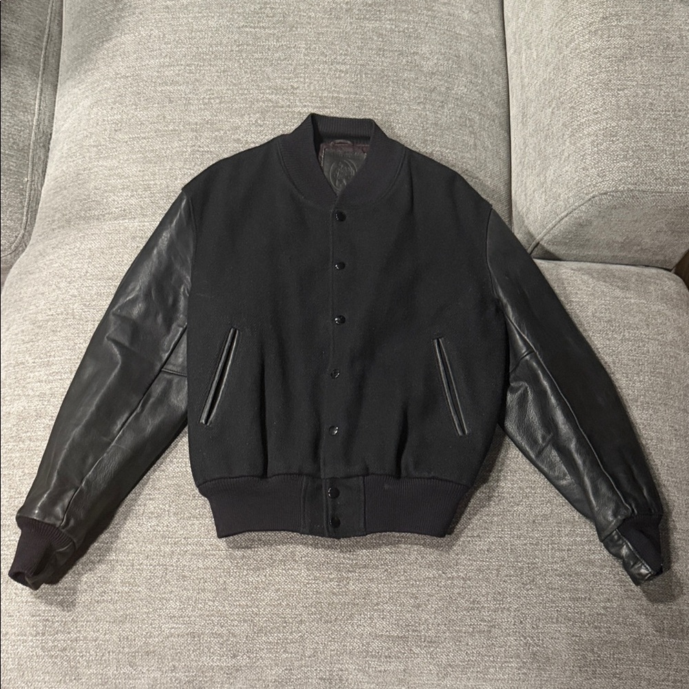 Vintage Golden Bear Men's Wool Blend Canvas Black Leather Sleeve Bomber Jacket